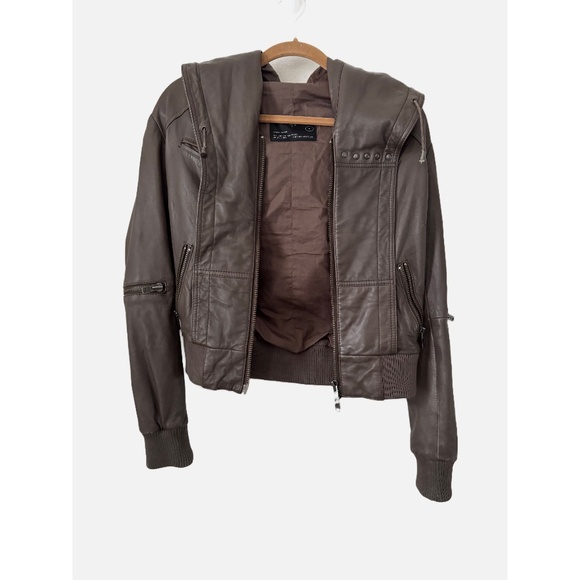 All Saints Cobra Hooded Bomber Leather Jacket Brown S - Picture 4 of 9